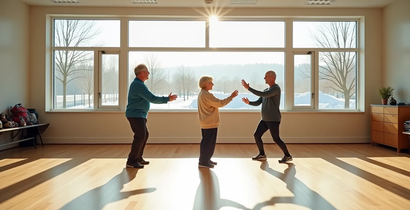 Group of seniors practicing Tai Chi in a bright Canadian community centre