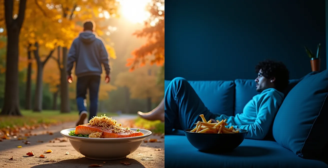 A split image contrasting active rest with passive scrolling. On the left, a person walks energetically in a vibrant Canadian park. On the right, the same person is slouched on a couch, bathed in the blue light of their phone.