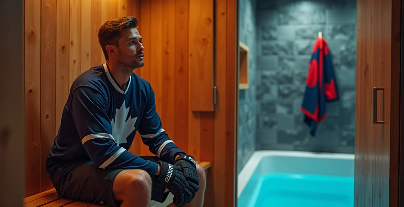 Hockey player in recovery room choosing between sauna and ice bath