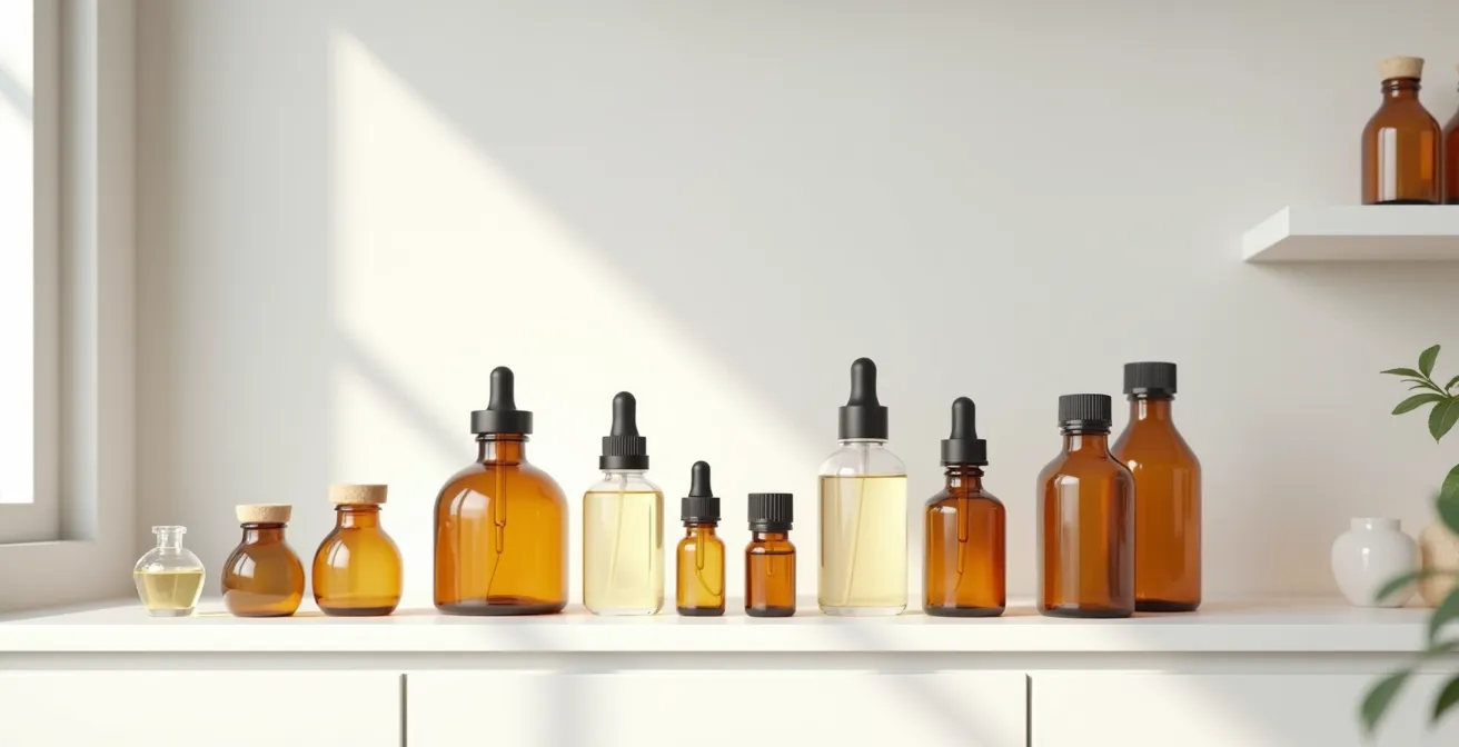 Close-up of essential oil bottles showing quality indicators and natural amber color variations