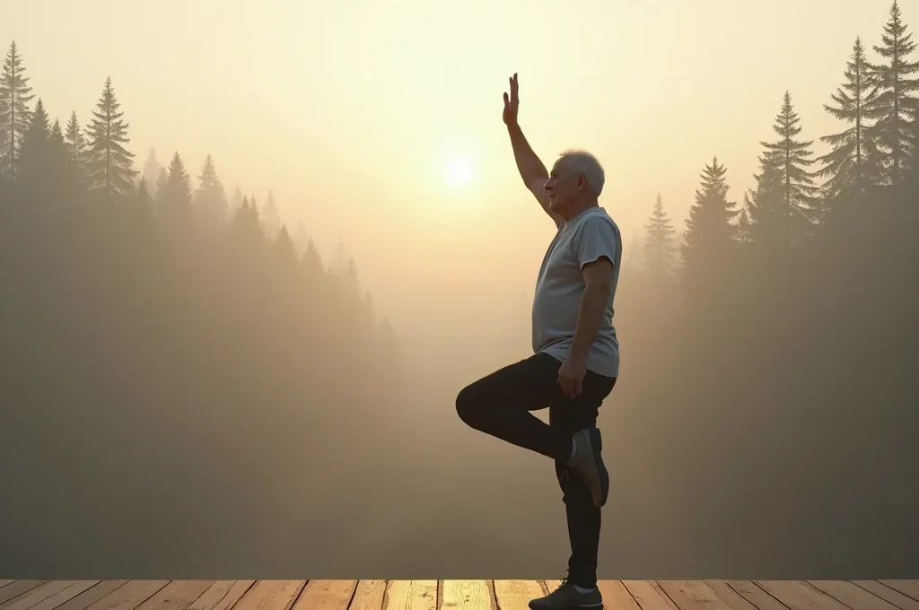 A senior person practicing a single-leg balance pose on a wooden deck, with a serene, misty Canadian forest in the background at dawn.
