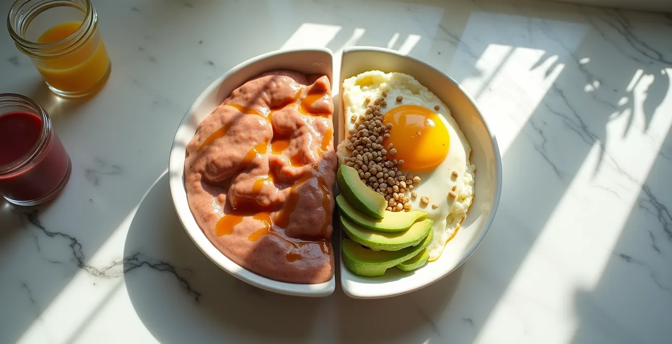 Split composition showing contrast between high-sugar and protein-rich breakfast effects