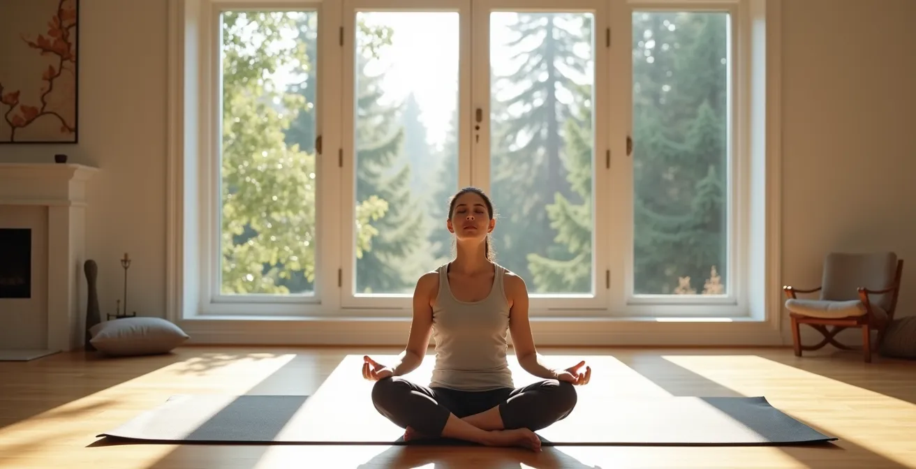 Person practicing mindful body scan meditation in calm environment