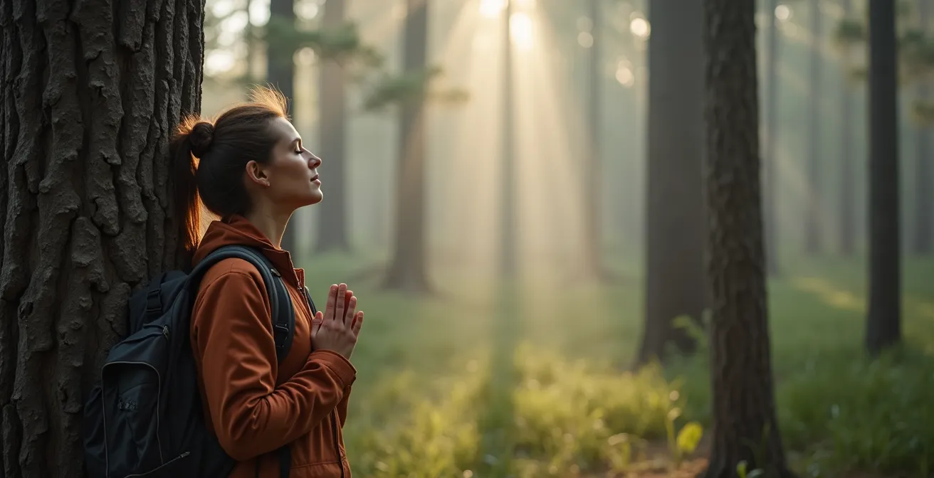 Person breathing deeply while standing among tall pine trees in Canadian boreal forest with morning mist
