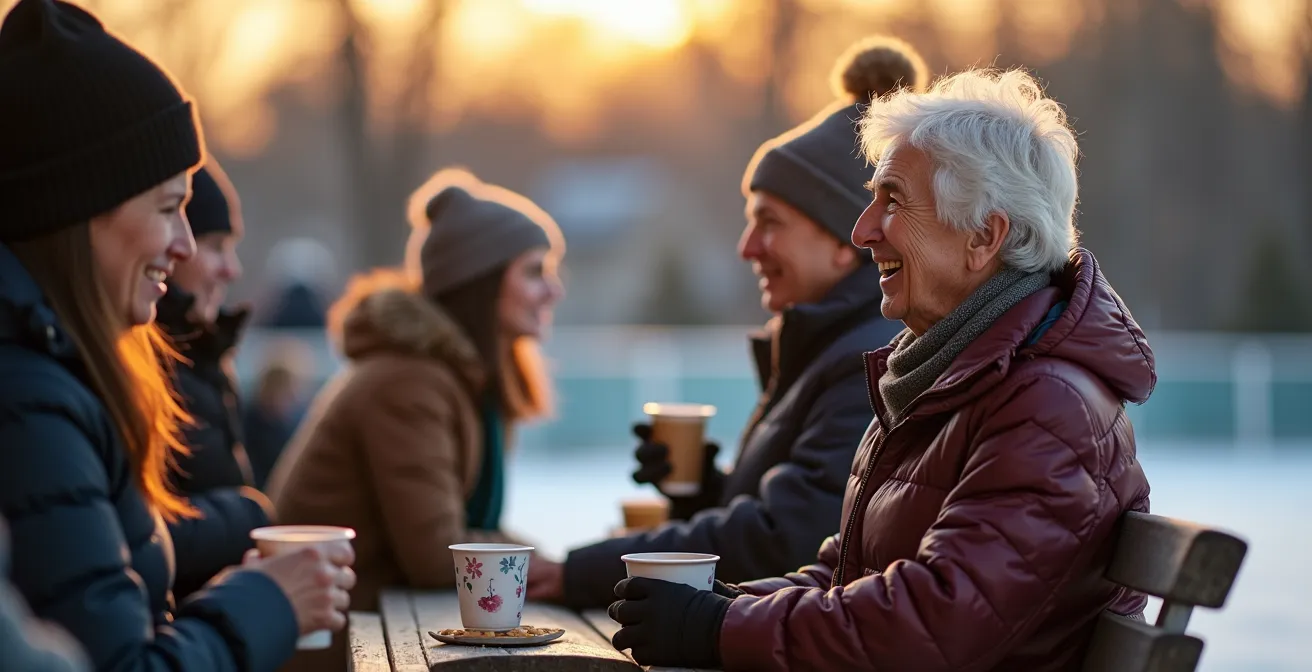 Community members of different ages socializing at an outdoor hockey rink in winter