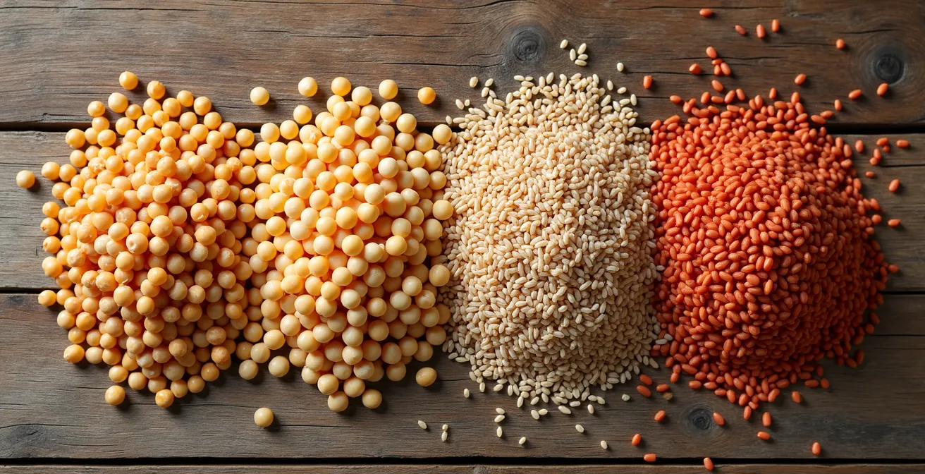 Overhead view of colorful plant-based protein combinations on a wooden surface