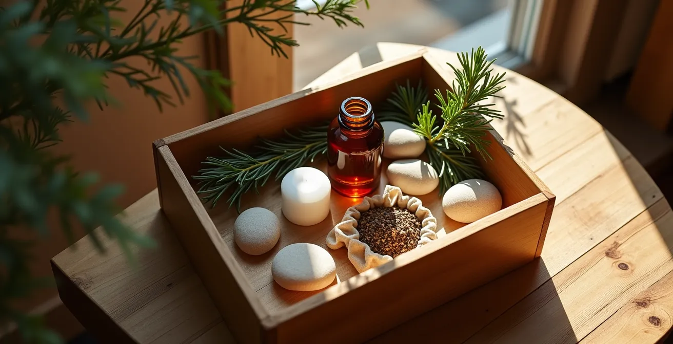 Natural anxiety relief kit with seasonal Canadian wellness items artfully arranged