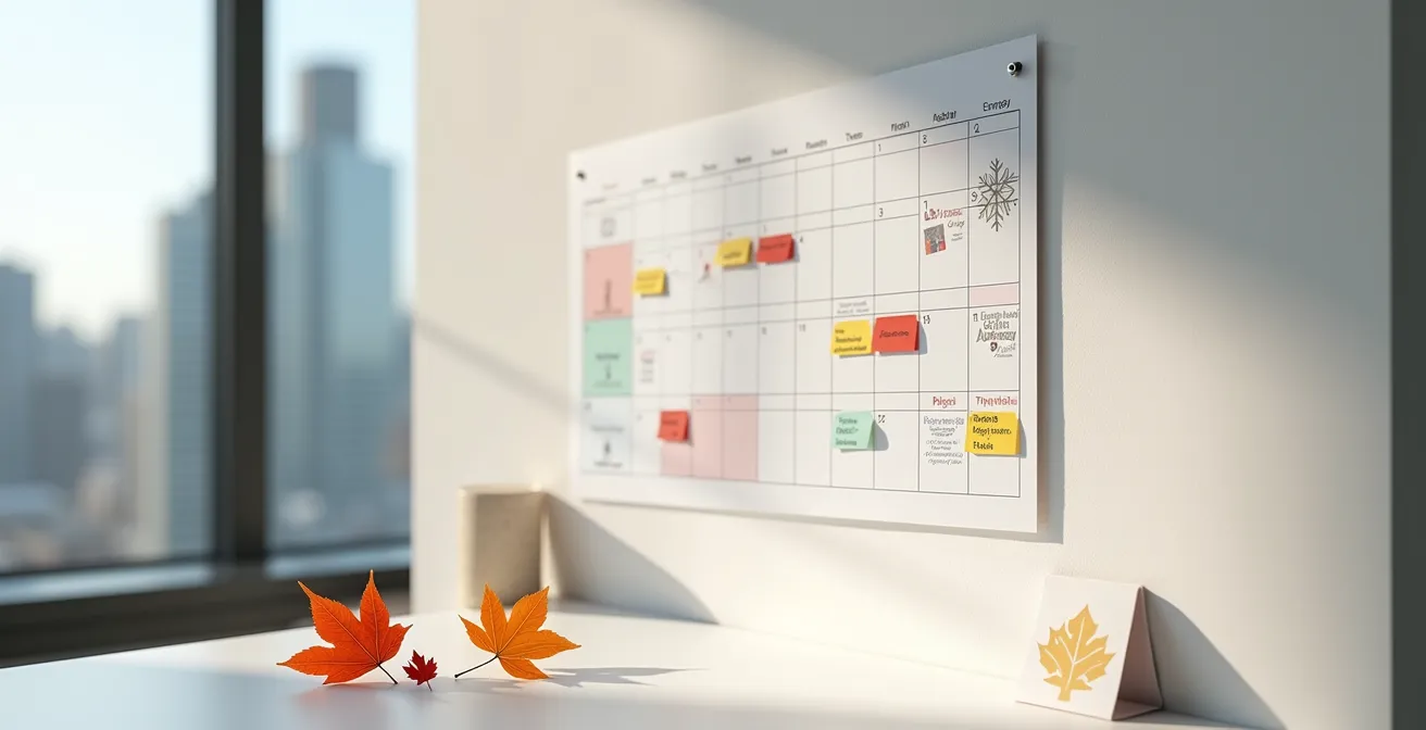 Wide shot of organized health calendar with seasonal Canadian wellness activities marked