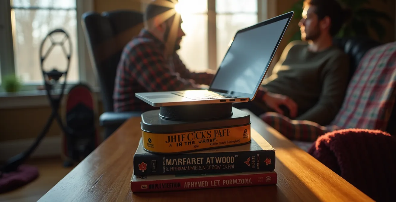 Home office setup using household items for proper screen height