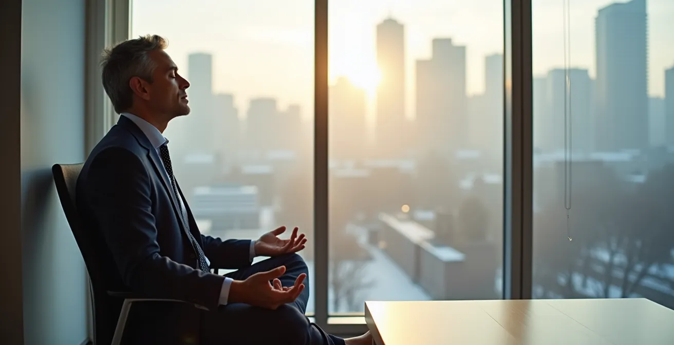 Office worker meditating by window during Canadian winter afternoon