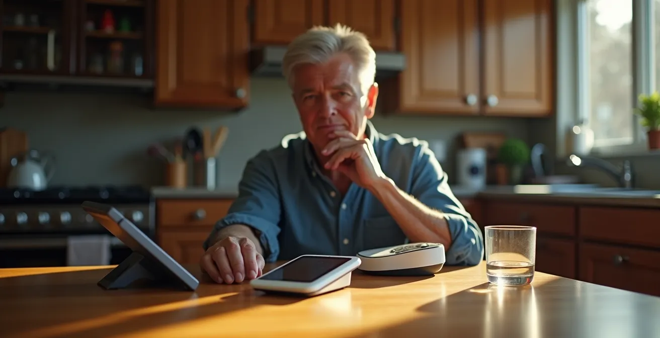 Patient calmly reviewing heart monitor alert in home setting