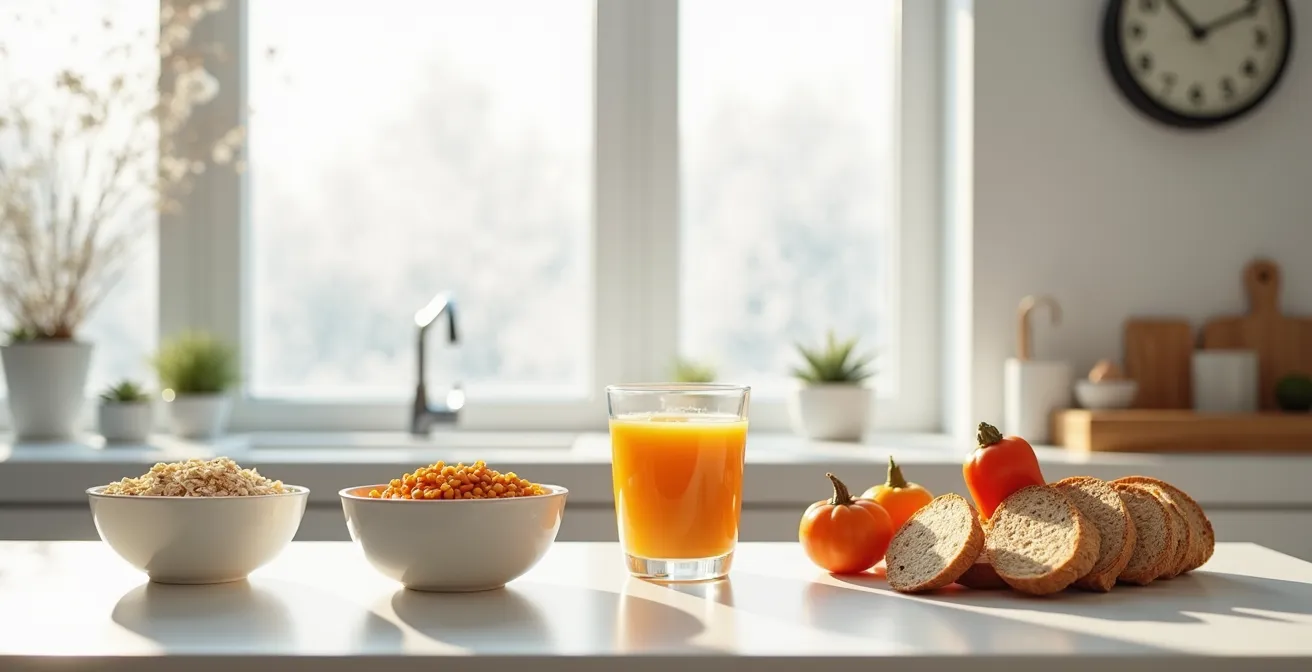 Seasonal Canadian foods arranged to show energy timing throughout the day