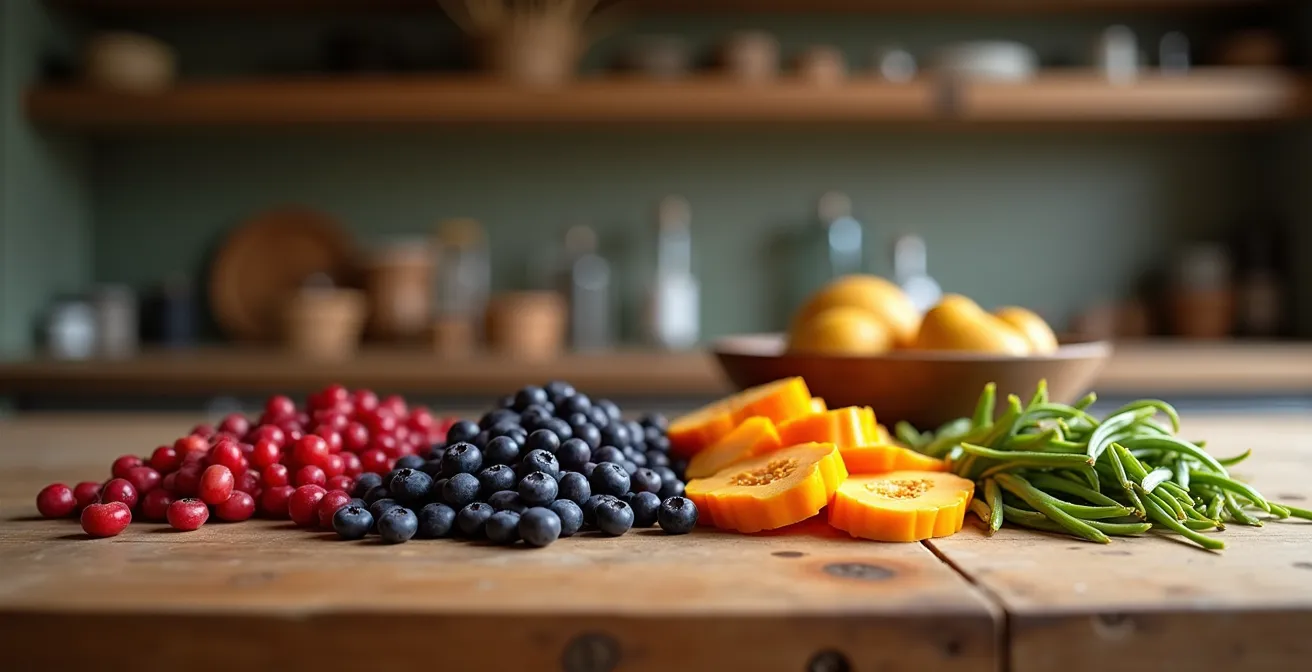 Seasonal Canadian produce arranged by color showing Quebec cranberries, Ontario squash, New Brunswick fiddleheads and wild blueberries