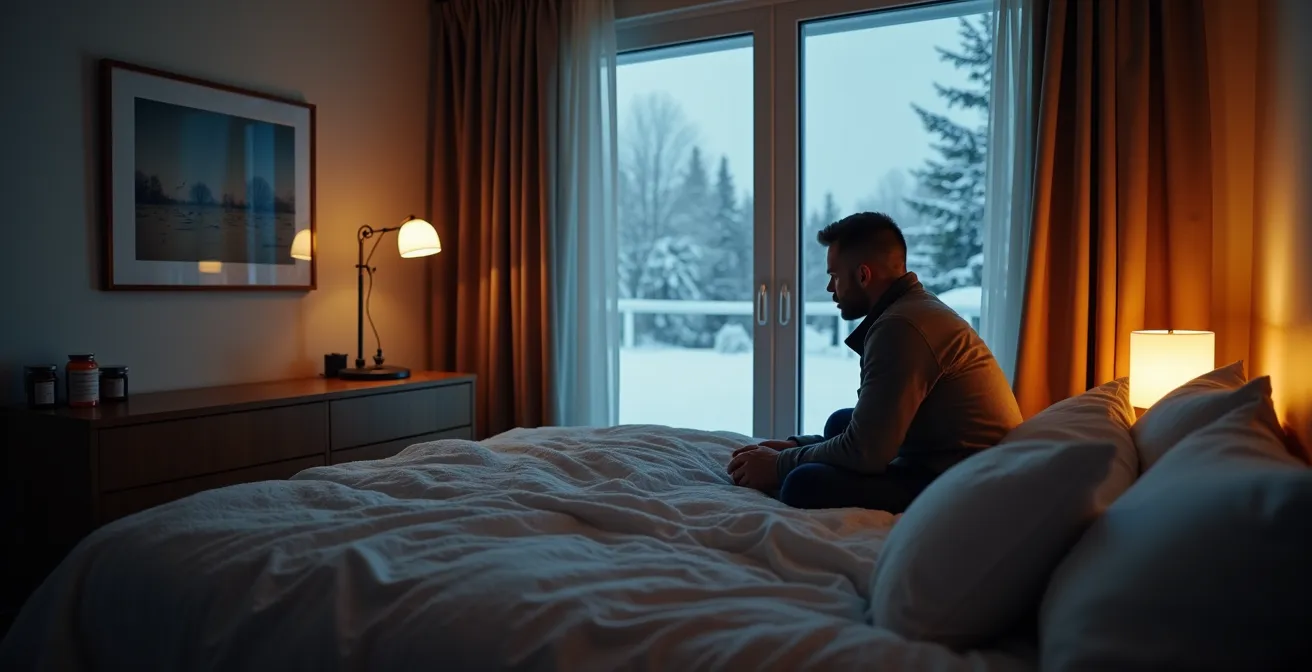 A morning light therapy setup in a Canadian winter bedroom to promote optimal testosterone production.