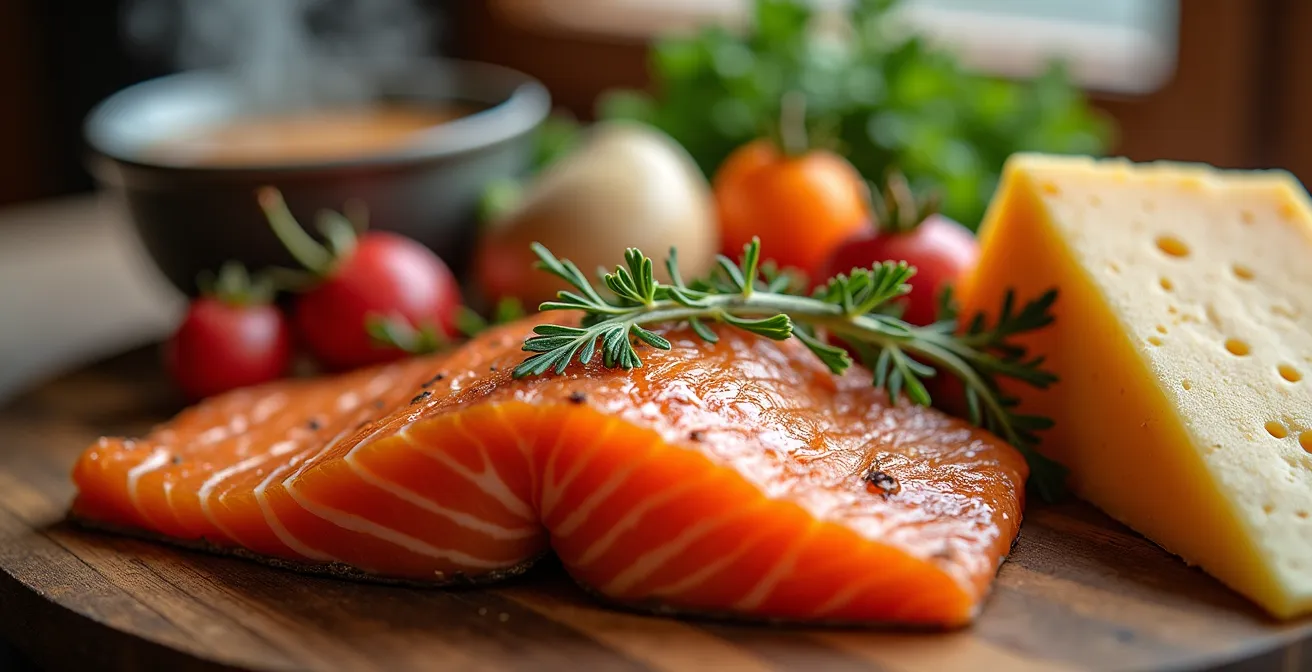 Fresh winter vegetables and salmon arranged on a wooden cutting board