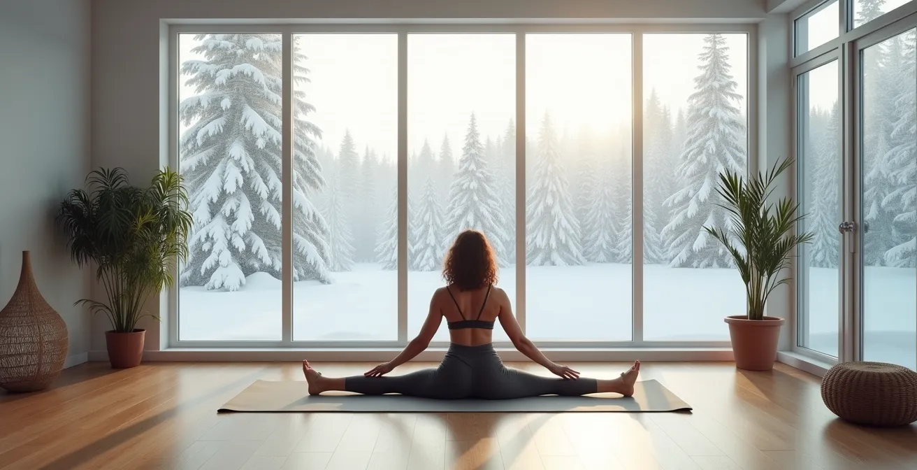 Person exercising indoors during Canadian winter with natural light streaming through frosted windows