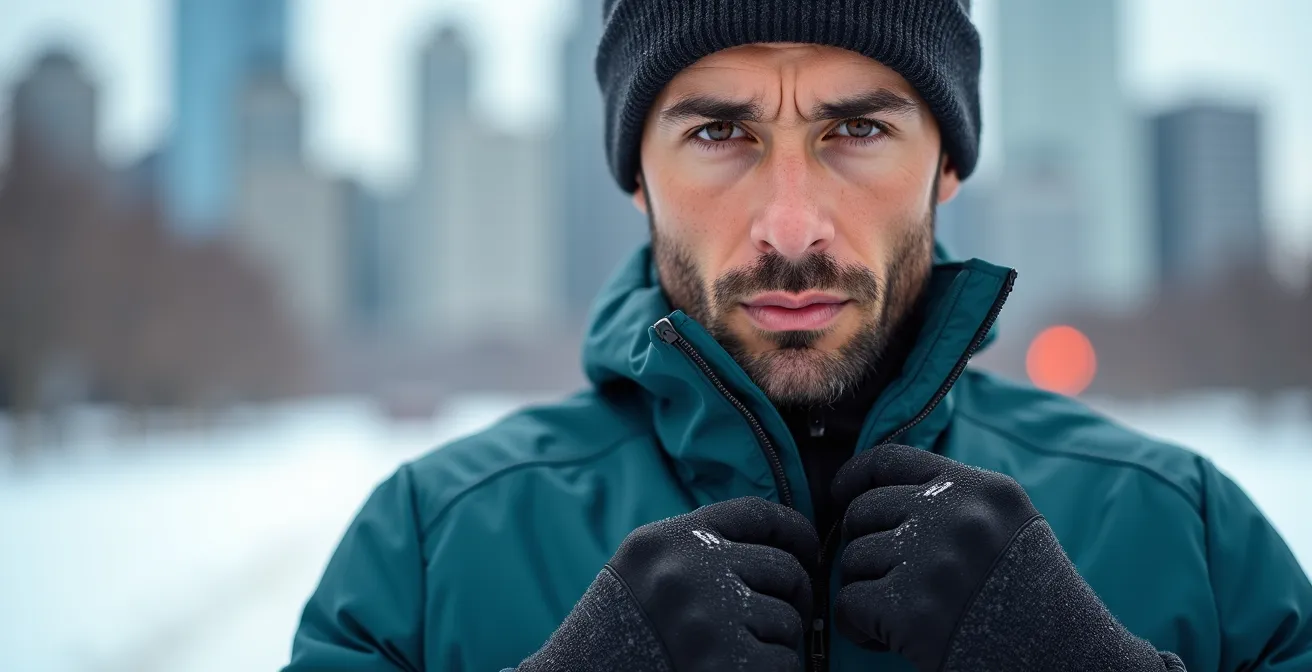 Athletic person adjusting winter running layers against snowy Canadian urban backdrop