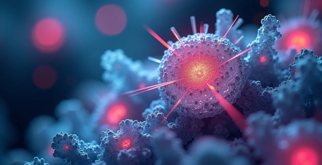 Microscopic view of cancer cells being analyzed with genetic markers highlighting treatment targets