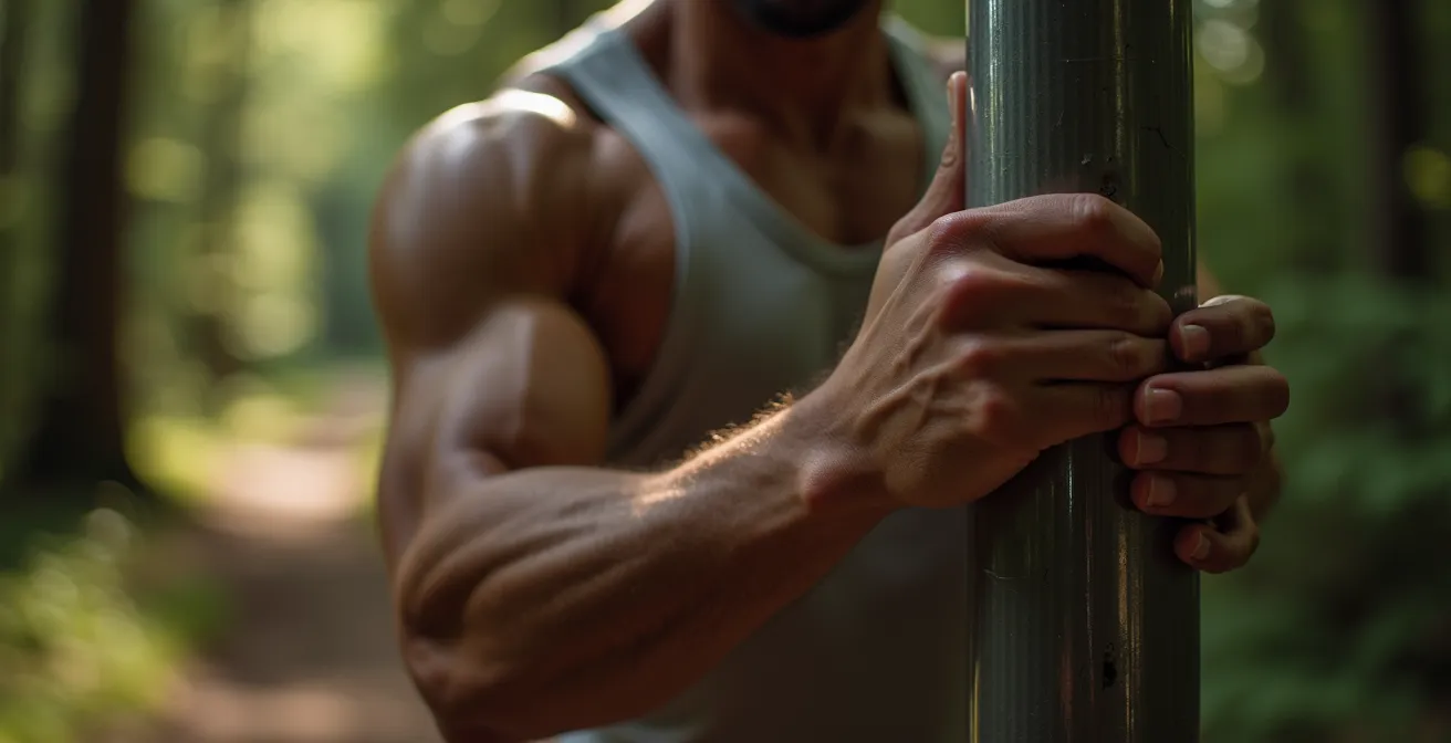 Close-up demonstration of proper Nordic pole planting technique showing arm and back muscle engagement