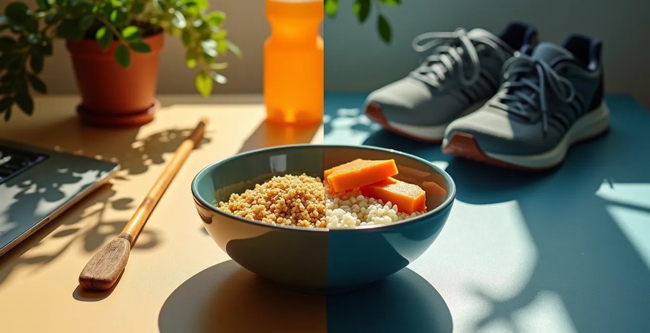 A split scene contrasting a desk worker's environment with an athlete's, showing different optimal carbohydrate timing with clock shadows.