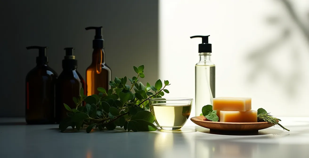 Natural personal care products arranged on wooden shelf demonstrating safe alternatives