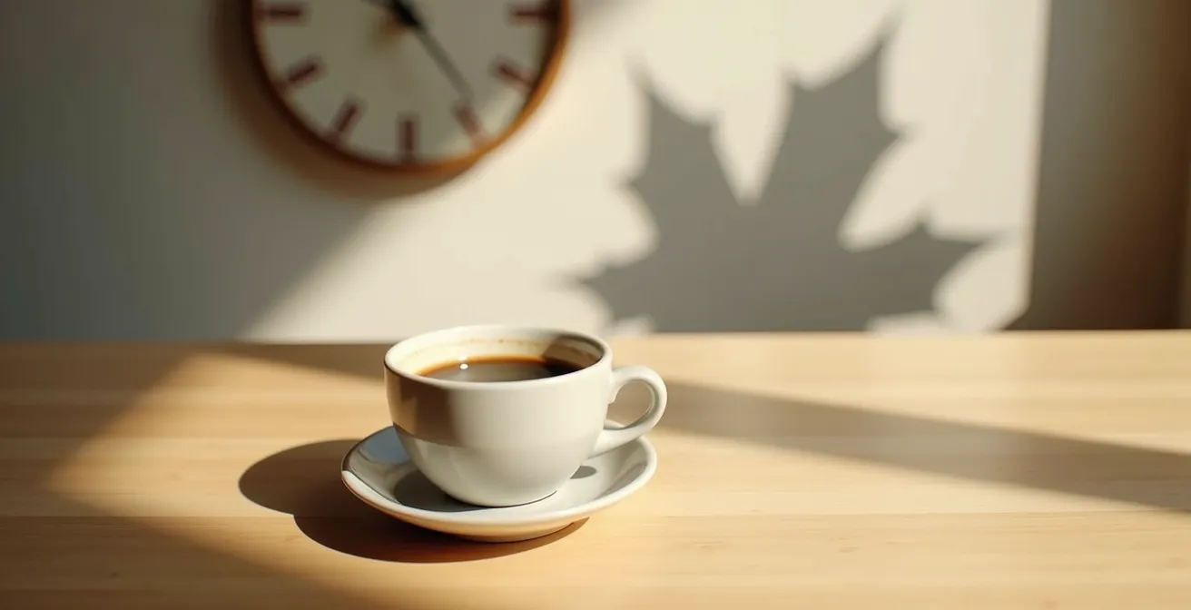 Overhead view of coffee cup on table with analog clock showing morning time in minimalist Canadian cafe setting