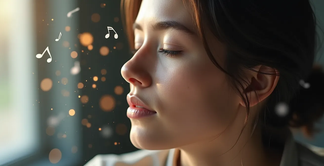 A focused person with eyes closed, surrounded by abstract symbols of music, language, and memory, representing multimodal brain training.