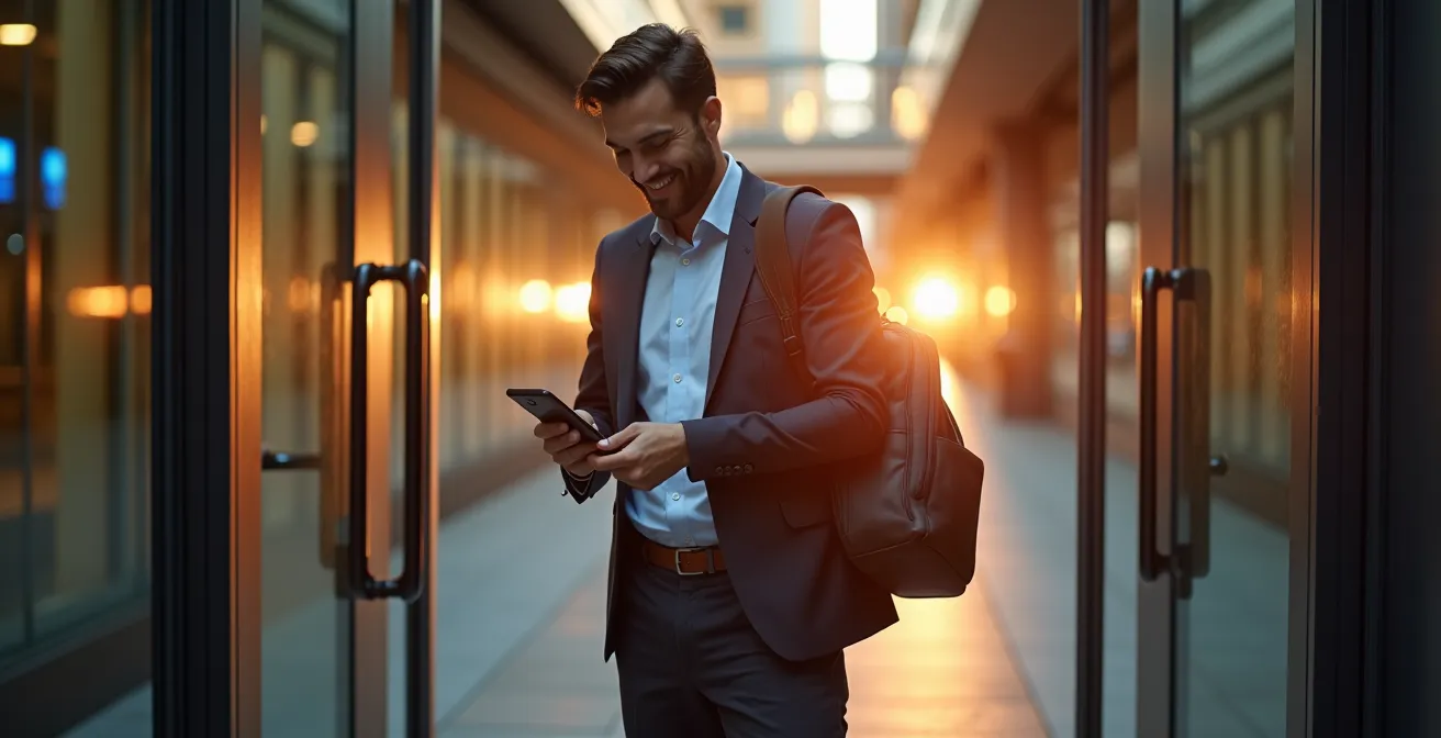 A professional in business casual attire leaves a modern Canadian office at dusk, placing their smartphone away in their bag as a symbol of disconnecting.