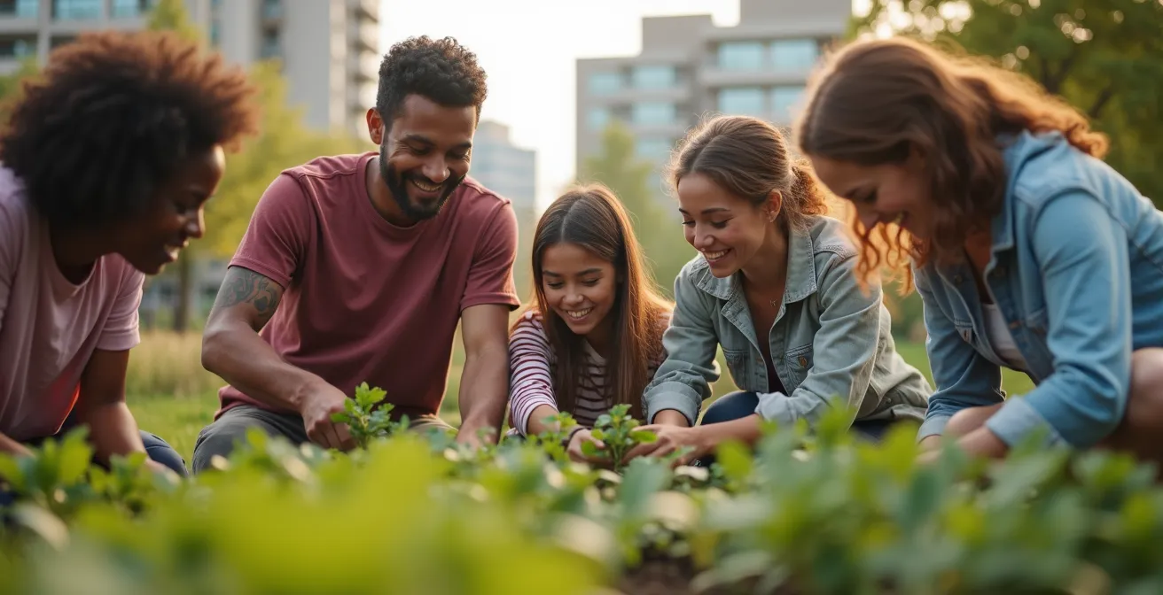 Diverse group of people participating in outdoor community activity in urban park