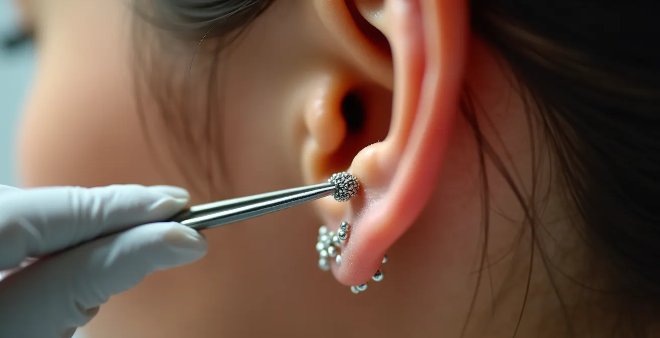 Close-up of ear seeds being applied to specific acupressure points on the outer ear for stress relief