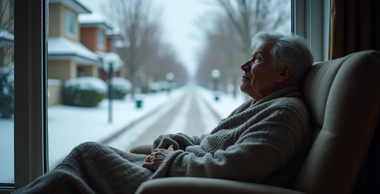 A person with a tired expression sits by a window, looking out at a cold, snowy Canadian street, illustrating the emotional and physical toll of winter with chronic illness.
