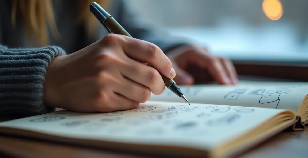 A close-up macro shot of a person's hands writing in a journal by a window, with a snowy Canadian landscape visible outside, symbolizing the act of processing emotions.