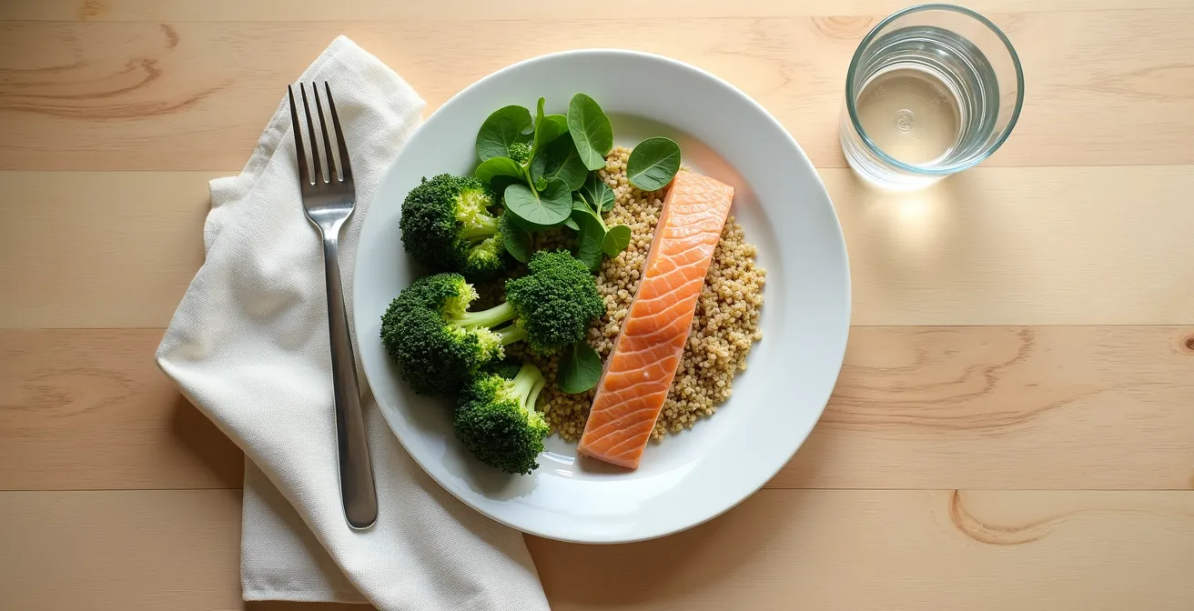 Overhead view of a balanced meal plate demonstrating the food sequencing strategy with sections for vegetables, protein, and quinoa.