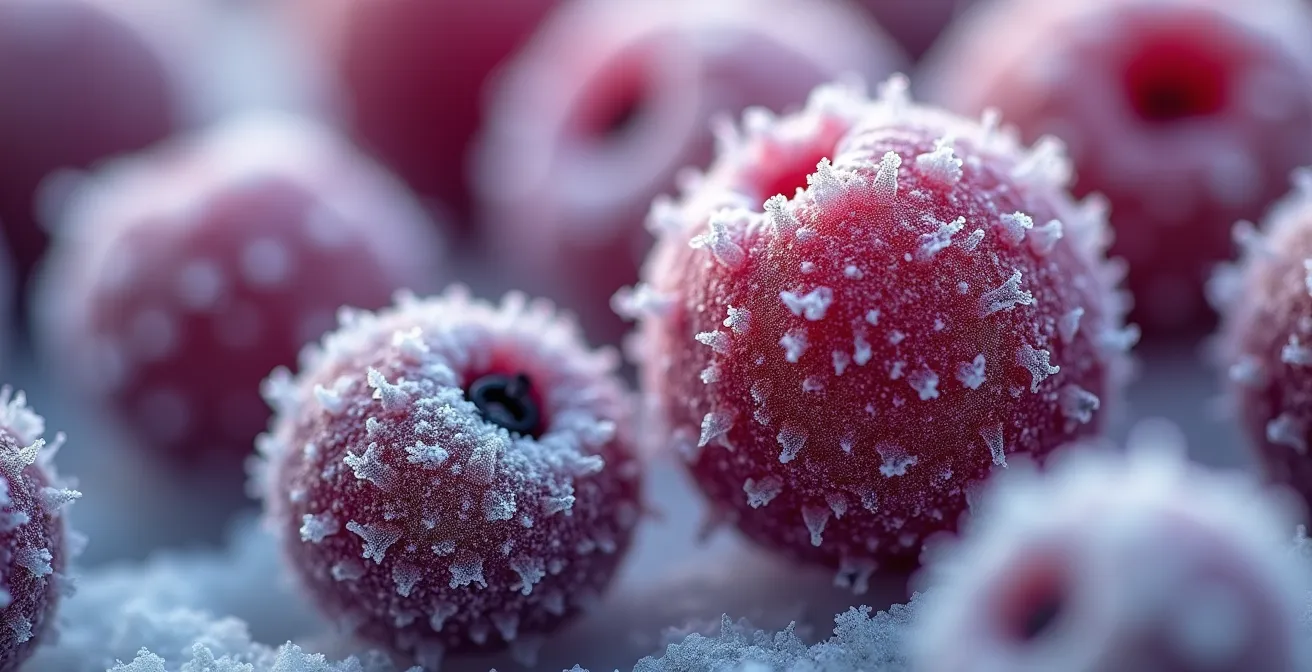 Close-up macro shot of frozen Saskatoon berries showing crystalline ice formations and deep purple color