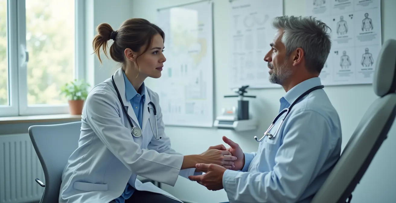 Healthcare professional conducting grip strength test on senior patient