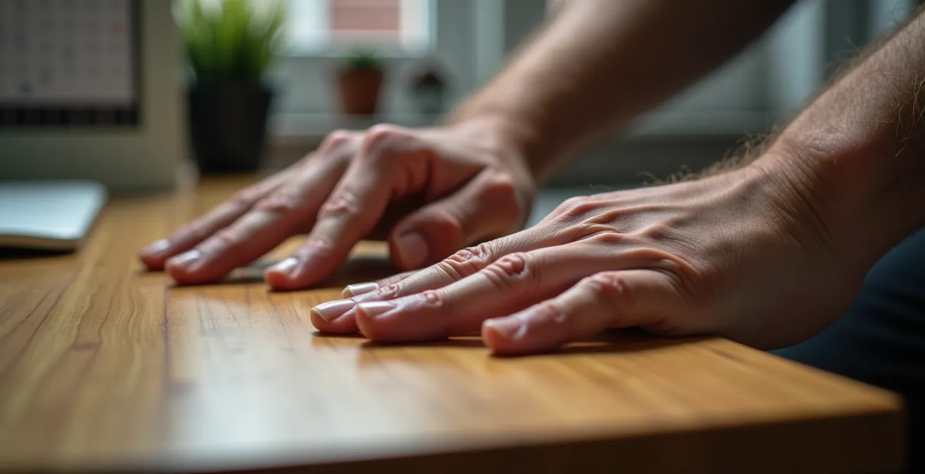 Office worker performing mobility exercises at home during Canadian winter