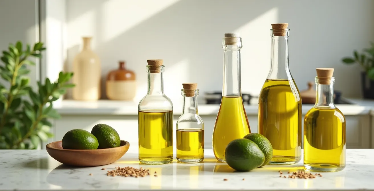 Comparison of heart-healthy oil alternatives arranged in a minimalist composition