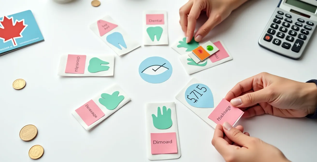 Hands organizing insurance documents with calculator showing healthcare savings calculations