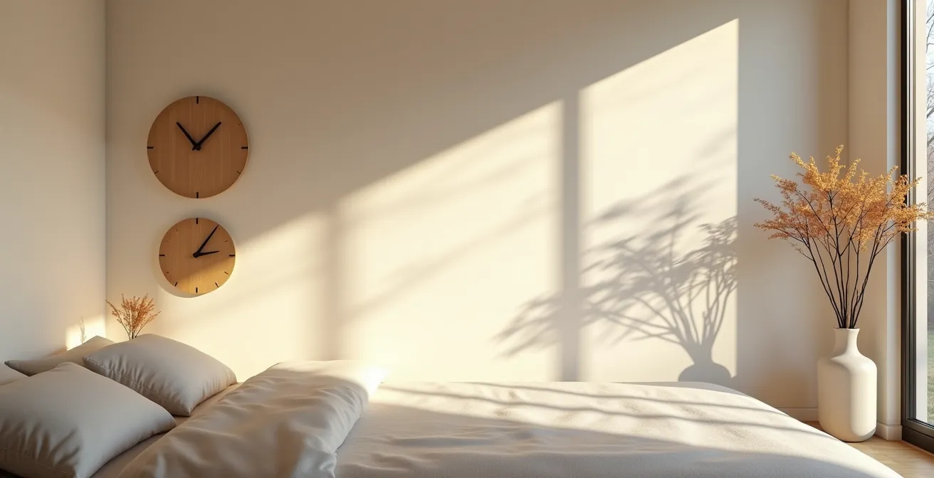 Abstract timeline visualization showing daily hormone rhythm patterns in a minimalist bedroom