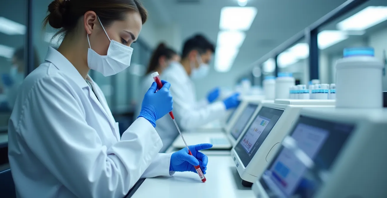 Laboratory technician analyzing blood sample for high-sensitivity CRP testing