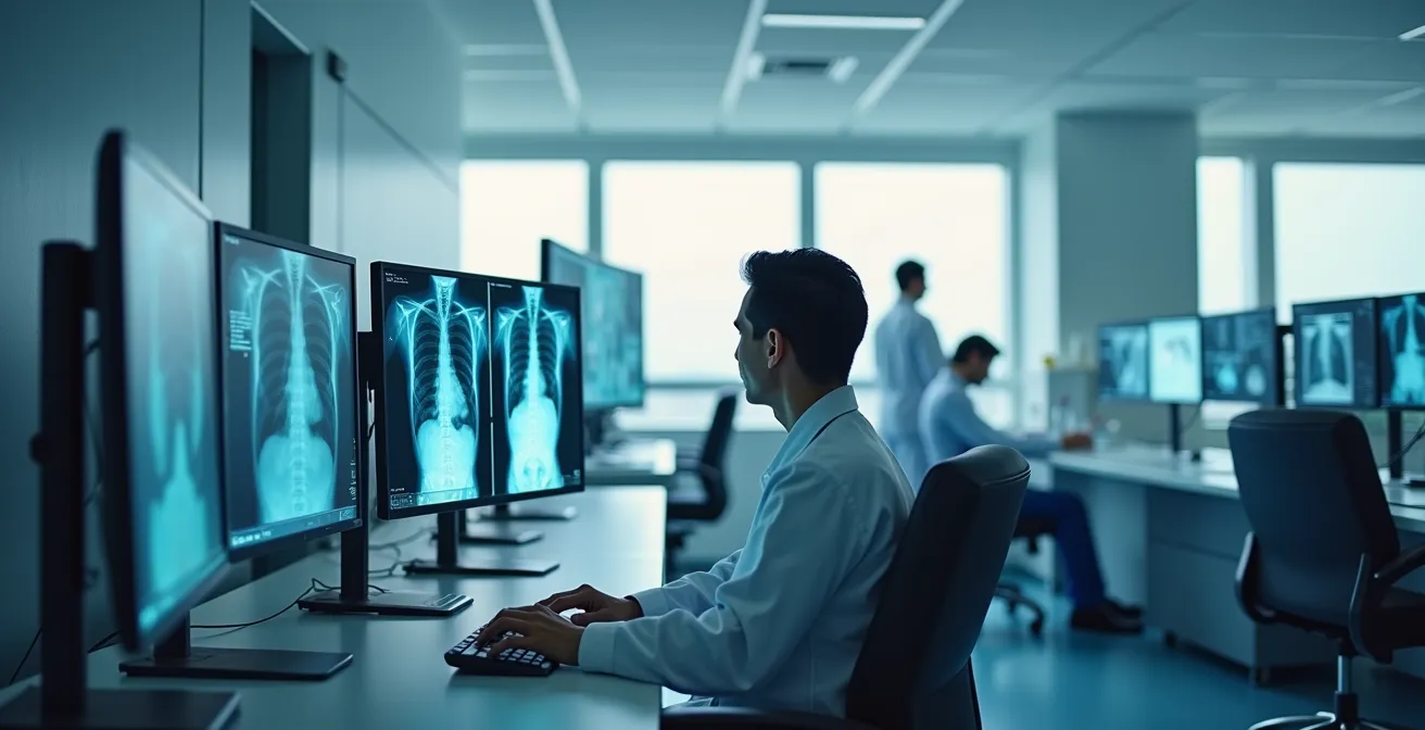 Radiologist reviewing AI-enhanced medical scans in modern Canadian hospital