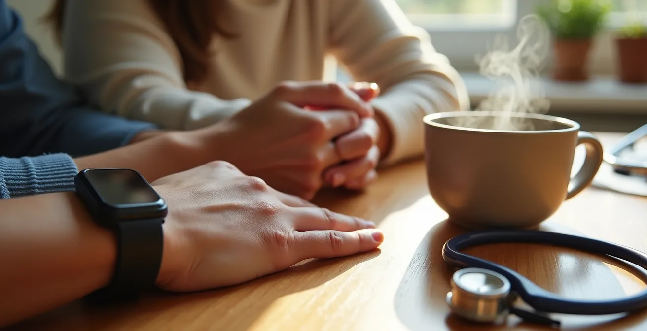 Person monitoring health metrics at home with various wellness tools in a Canadian home setting