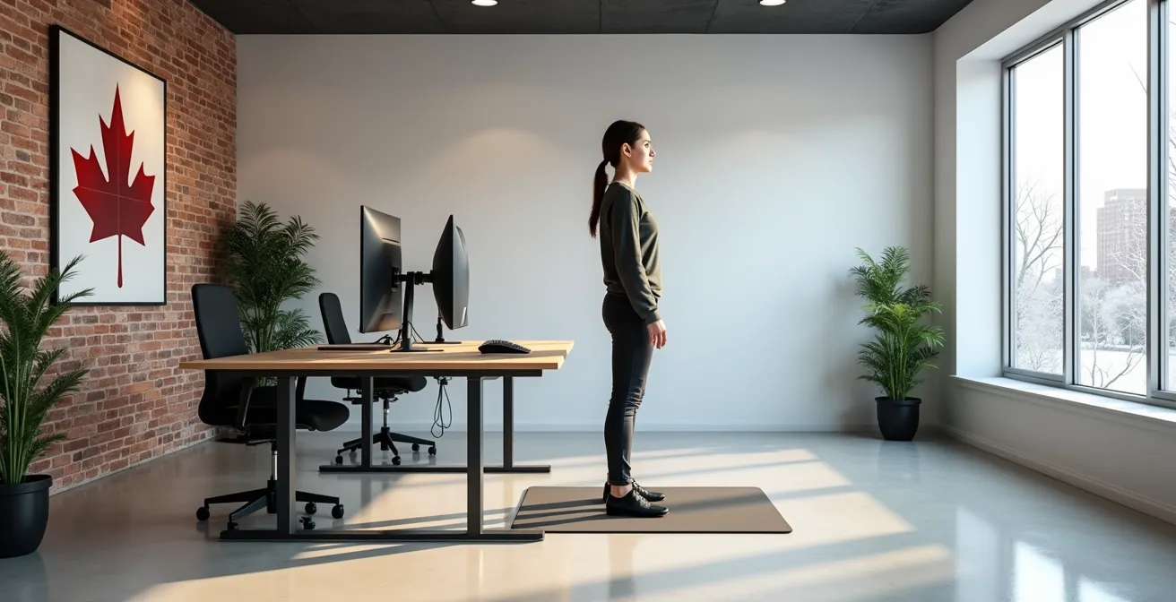 Professional demonstrating proper standing desk posture alignment from feet to head