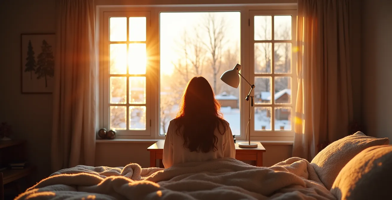 Bright light therapy lamp illuminating a cozy morning scene with a winter landscape visible through a window