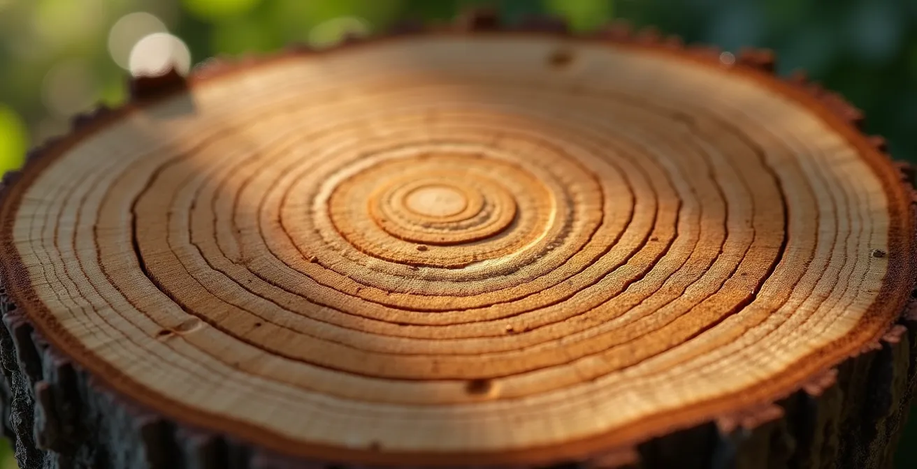 Abstract growth patterns showing health trajectory over time in a close-up of tree rings