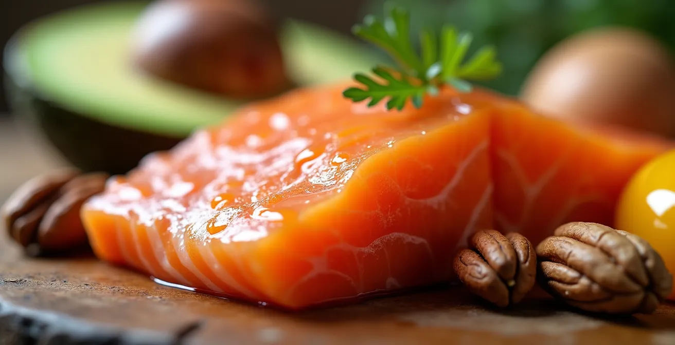 An extreme close-up of healthy fats like salmon, avocado, and egg yolks, which are essential for testosterone synthesis.