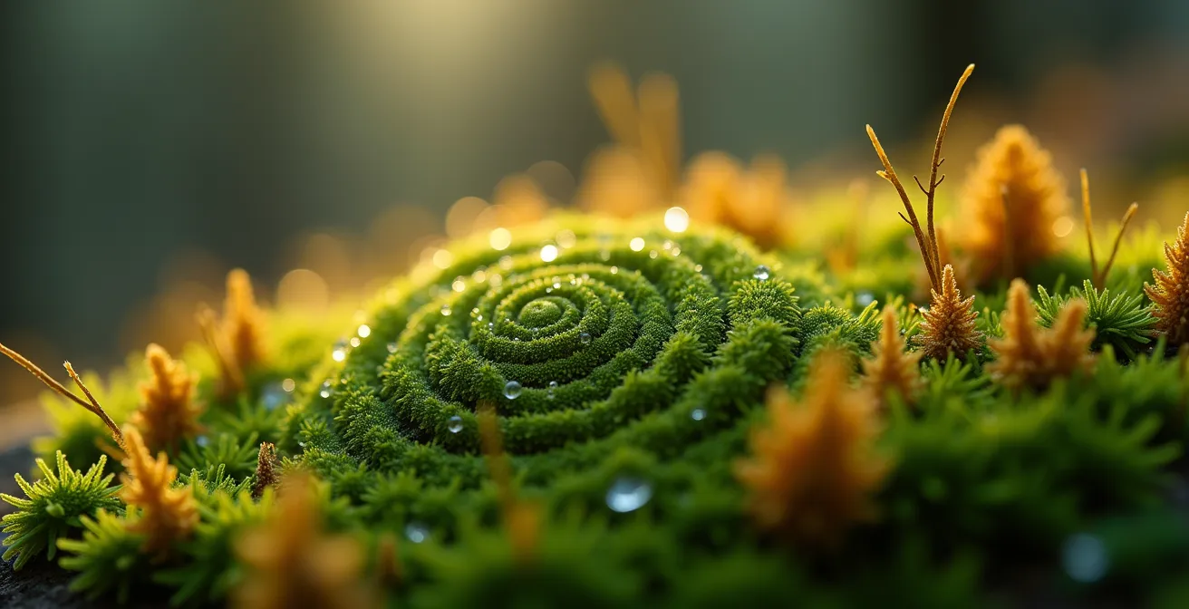 Extreme close-up of vibrant green moss and lichen texture on forest floor