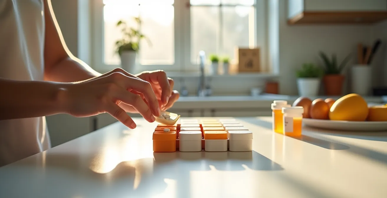Person's hands organizing weekly pill organizer with various medications in soft morning light