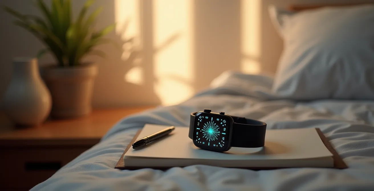 Peaceful bedroom scene with smartwatch on nightstand showing abstract sleep patterns
