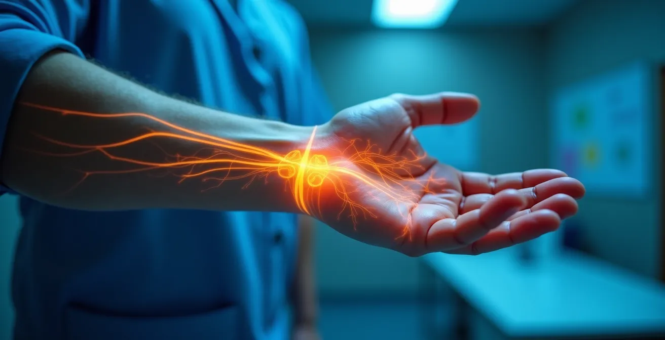 Anatomical view of median and ulnar nerve pathways through arm and wrist